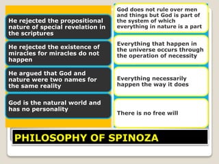 PHILOSOPHY OF SPINOZA
He rejected the propositional
nature of special revelation in
the scriptures
He rejected the existen...