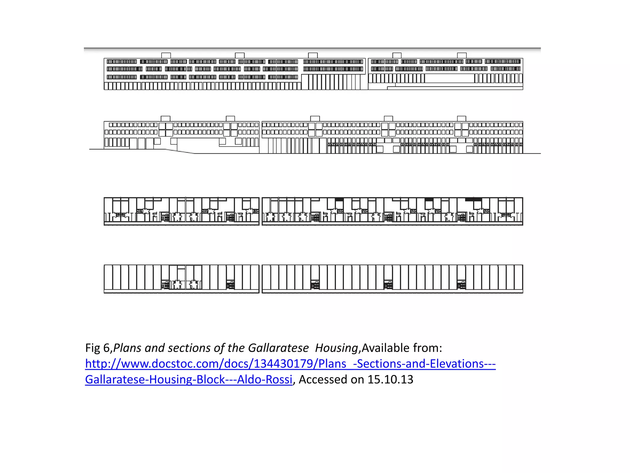 Fig 6,Plans and sections of the Gallaratese Housing,Available from:
http://www.docstoc.com/docs/134430179/Plans_-Sections-and-Elevations--Gallaratese-Housing-Block---Aldo-Rossi, Accessed on 15.10.13

 
