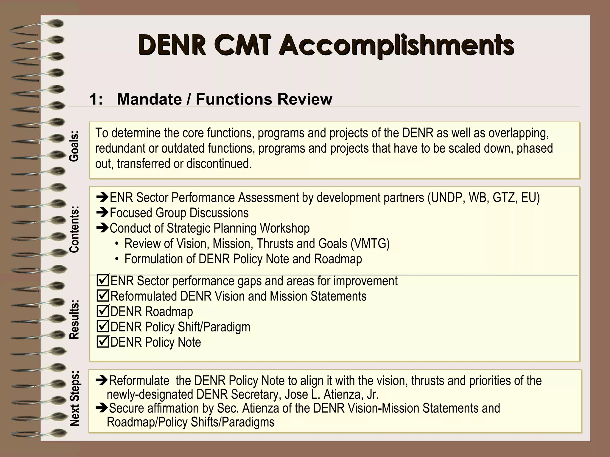 DENR CMT Accomplishments 1:  Mandate / Functions Review To determine the core functions, programs and projects of the DENR as well as overlapping, redundant or outdated functions, programs and projects that have to be scaled down, phased out, transferred or discontinued. Goals: Contents:   Reformulate  the DENR Policy Note to align it with the vision, thrusts and priorities of the newly-designated DENR Secretary, Jose L. Atienza, Jr. Secure affirmation by Sec. Atienza of the DENR Vision-Mission Statements and Roadmap/Policy Shifts/Paradigms Results:   Next Steps:   ENR Sector Performance Assessment by development partners (UNDP, WB, GTZ, EU) Focused Group Discussions Conduct of Strategic Planning Workshop Review of Vision, Mission, Thrusts and Goals (VMTG) Formulation of DENR Policy Note and Roadmap ENR Sector performance gaps and areas for improvement Reformulated DENR Vision and Mission Statements DENR Roadmap DENR Policy Shift/Paradigm DENR Policy Note 