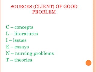 SOURCES (CLIENT) OF GOOD
          PROBLEM


C – concepts
L – literatures
I – issues
E – essays
N – nursing problems
T – theories
 