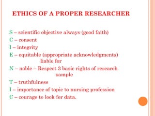 ETHICS OF A PROPER RESEARCHER


S – scientific objective always (good faith)
C – consent
I – integrity
E – equitable (appropriate acknowledgments)
              liable for
N – noble – Respect 3 basic rights of research
                     sample
T – truthfulness
I – importance of topic to nursing profession
C – courage to look for data.
 