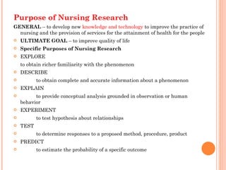 Purpose of Nursing Research
GENERAL – to develop new knowledge and technology to improve the practice of
  nursing and the provision of services for the attainment of health for the people
   ULTIMATE GOAL – to improve quality of life 
   Specific Purposes of Nursing Research
   EXPLORE
    to obtain richer familiarity with the phenomenon
   DESCRIBE
          to obtain complete and accurate information about a phenomenon
   EXPLAIN
         to provide conceptual analysis grounded in observation or human
    behavior
   EXPERIMENT
          to test hypothesis about relationships
   TEST
          to determine responses to a proposed method, procedure, product
   PREDICT
          to estimate the probability of a specific outcome
 