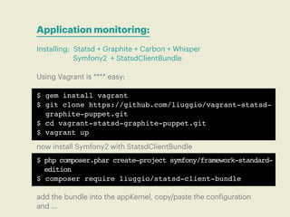 Application monitoring:
Installing: Statsd + Graphite + Carbon + Whisper
            Symfony2 + StatsdClientBundle

Using ...