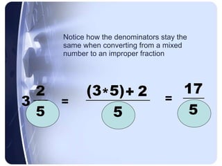 Notice how the denominators stay the same when converting from a mixed number to an improper fraction =  =   