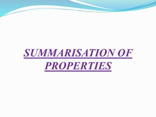 SUMMARISATION OF
PROPERTIES
 