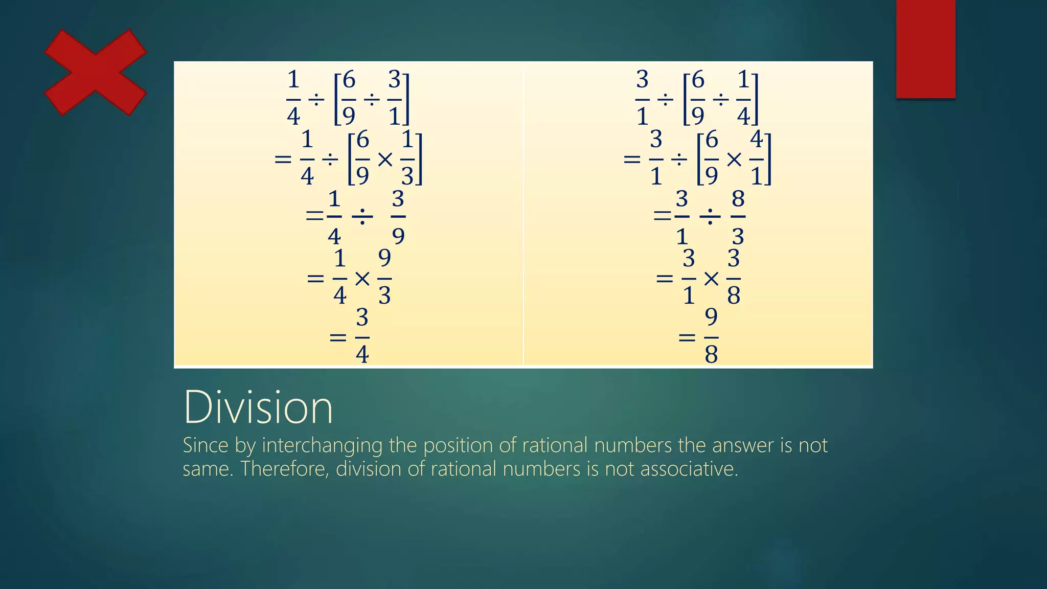 1
4
÷
6
9
÷
3
1
=
1
4
÷
6
9
×
1
3
=
1
4
÷
3
9
=
1
4
×
9
3
=
3
4
3
1
÷
6
9
÷
1
4
=
3
1
÷
6
9
×
4
1
=
3
1
÷
8
3
=
3
1
×
3
8
=
9
8
Division
Since by interchanging the position of rational numbers the answer is not
same. Therefore, division of rational numbers is not associative.
 