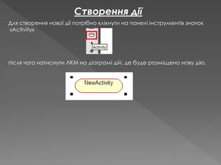 Для створення нової дії потрібно клікнути на панелі інструментів значок
«Activity»
після чого натиснути ЛКМ на діаграмі дій, де буде розміщено нову дію.
Створення дії
 