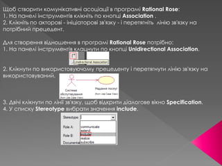 Щоб створити комунікативні асоціації в програмі Rational Rose:
1. На панелі інструментів клікніть по кнопці Association .
2. Клікніть по акторові - ініціаторові зв'язку - і перетягніть лінію зв'язку на
потрібний прецедент.
Для створення відношення в програмі Rational Rose потрібно:
1. На панелі інструментів клацнути по кнопці Unidirectional Association.
2. Клікнути по використовуючому прецеденту і перетягнути лінію зв'язку на
використовуваний.
3. Двічі клікнути по лінії зв'язку, щоб відкрити діалогове вікно Specification.
4. У списку Stereotype вибрати значення include.
 