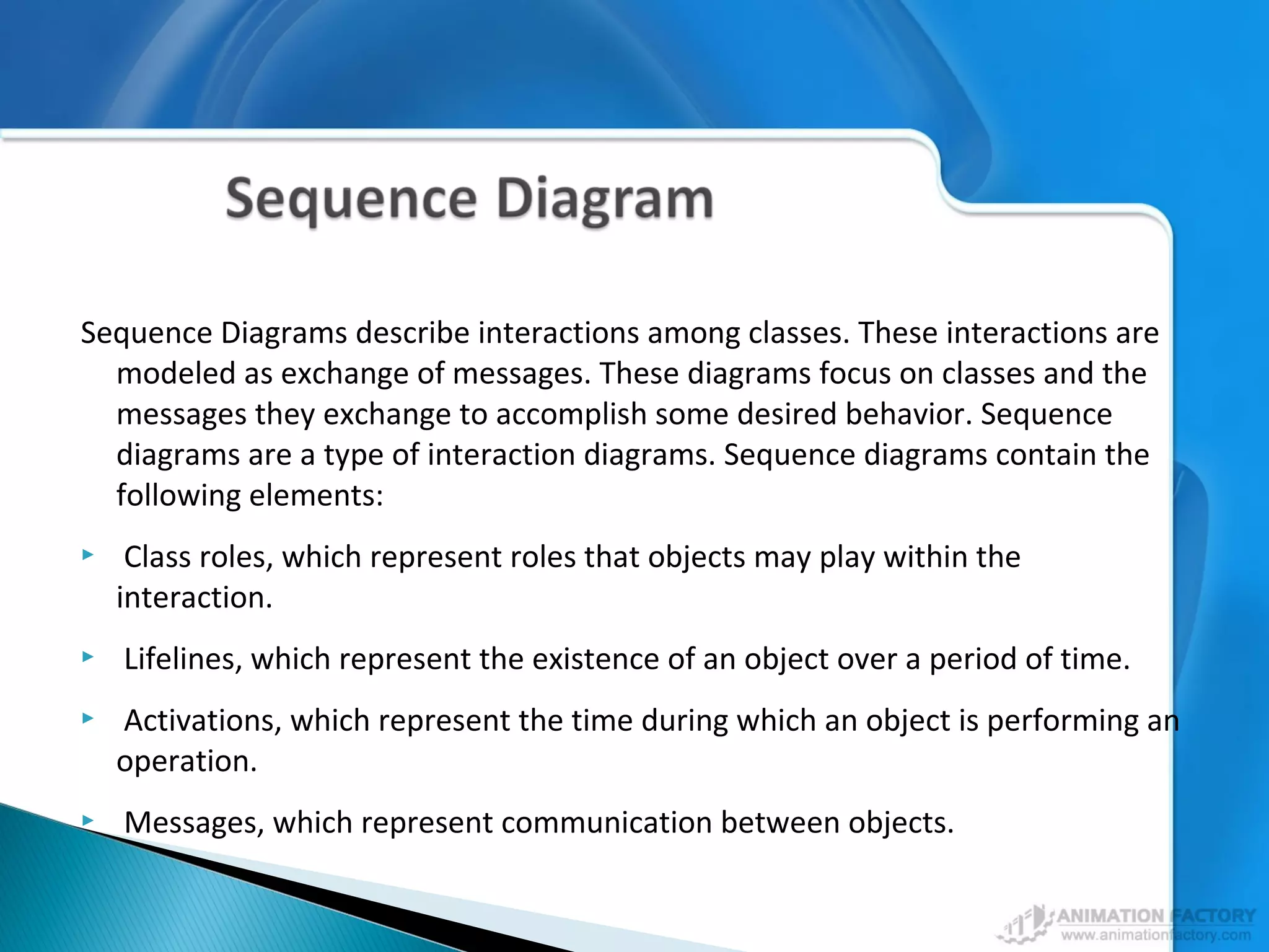 Sequence Diagrams describe interactions among classes. These interactions are
modeled as exchange of messages. These diagrams focus on classes and the
messages they exchange to accomplish some desired behavior. Sequence
diagrams are a type of interaction diagrams. Sequence diagrams contain the
following elements:
 Class roles, which represent roles that objects may play within the
interaction.
 Lifelines, which represent the existence of an object over a period of time.
 Activations, which represent the time during which an object is performing an
operation.
 Messages, which represent communication between objects.
 