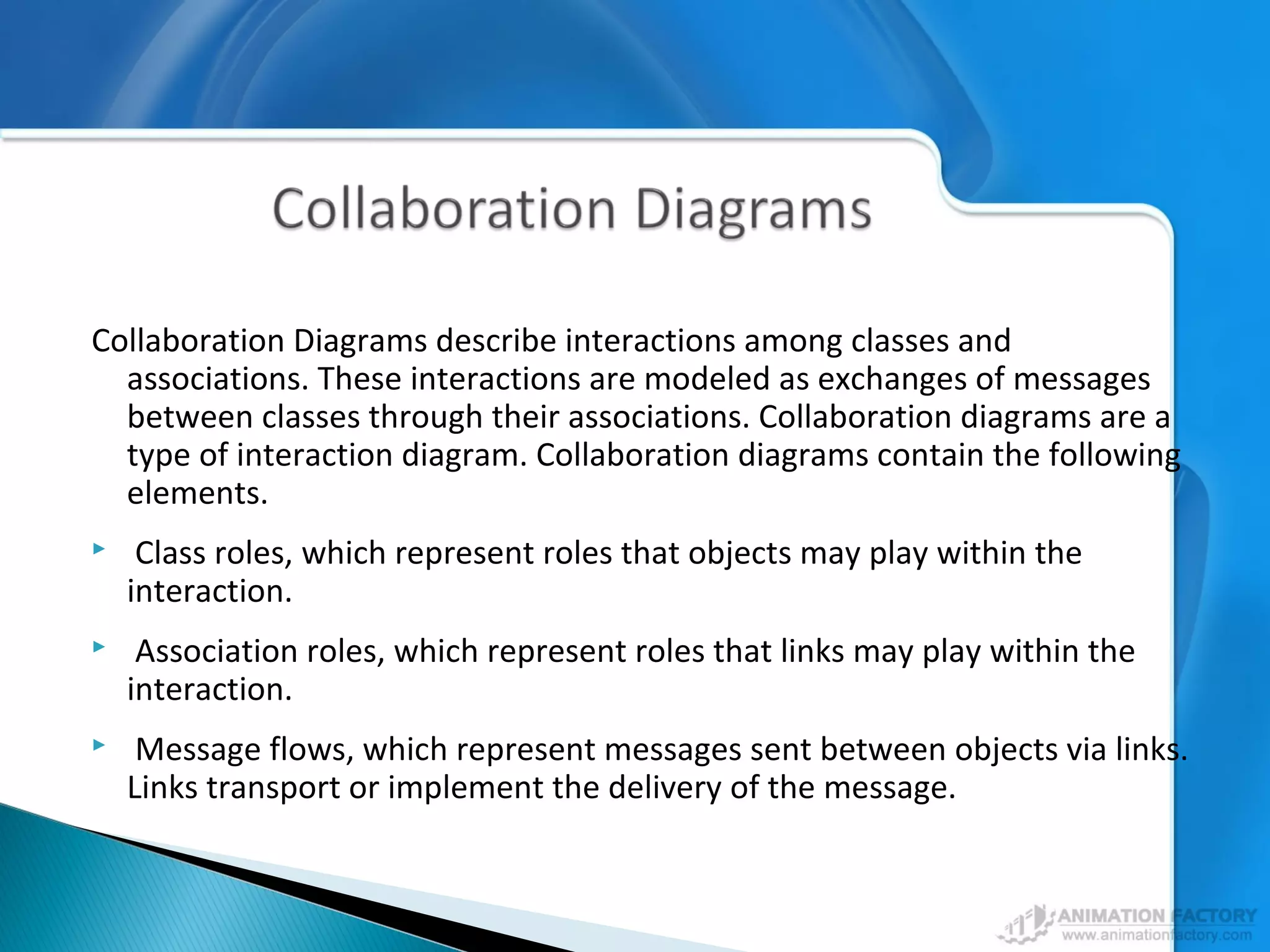 Collaboration Diagrams describe interactions among classes and
associations. These interactions are modeled as exchanges of messages
between classes through their associations. Collaboration diagrams are a
type of interaction diagram. Collaboration diagrams contain the following
elements.
 Class roles, which represent roles that objects may play within the
interaction.
 Association roles, which represent roles that links may play within the
interaction.
 Message flows, which represent messages sent between objects via links.
Links transport or implement the delivery of the message.
 