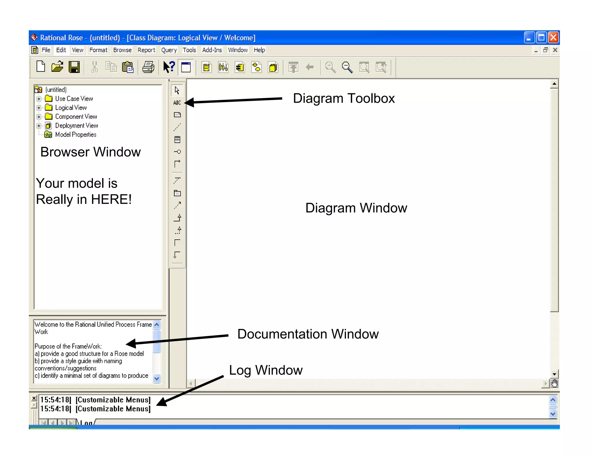 Diagram Toolbox

Browser Window
Your model is
Really in HERE!

Diagram Window

Documentation Window
Log Window
Introduction to Rational Rose

11

 