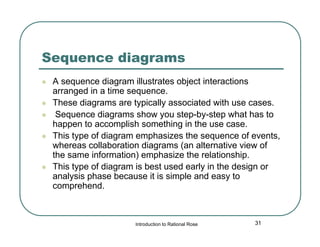Sequence diagrams







A sequence diagram illustrates object interactions
arranged in a time sequence.
These diagrams are typically associated with use cases.
Sequence diagrams show you step-by-step what has to
happen to accomplish something in the use case.
This type of diagram emphasizes the sequence of events,
whereas collaboration diagrams (an alternative view of
the same information) emphasize the relationship.
This type of diagram is best used early in the design or
analysis phase because it is simple and easy to
comprehend.

Introduction to Rational Rose

31

 