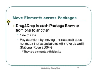 Move Elements across Packages


Drag&Drop in each Package Browser
from one to another

• One to One
• Pay attention: by moving the classes it does

not mean that associations will move as well!!
(Rational Rose 2000>)

• They are elements with Identity

Introduction to Rational Rose

48

 