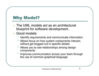 Why Model?



The UML models act as an architectural
blueprint for software development.
Good models:

•
•
•
•

Identify requirements and communicate information
Allows focus on how system components interact,
without get bogged out in specific details
Allows you to see relationships among design
components
Improves communication across your team through
the use of common graphical language

Introduction to Rational Rose

6

 