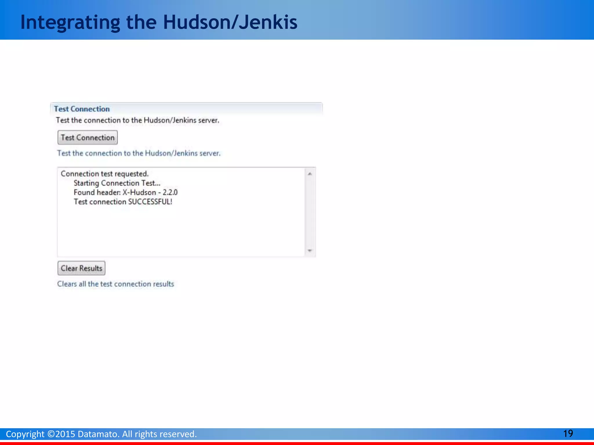 19Copyright ©2015 Datamato. All rights reserved.
Integrating the Hudson/Jenkis
 