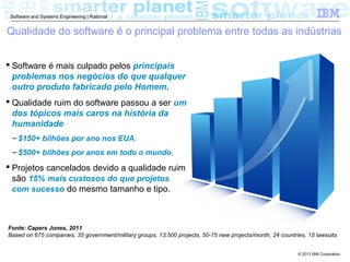 © 2013 IBM Corporation
Software and Systems Engineering | Rational
Qualidade do software é o principal problema entre todas as indústrias
 Software é mais culpado pelos principais
problemas nos negócios do que qualquer
outro produto fabricado pelo Homem.
 Qualidade ruim do software passou a ser um
dos tópicos mais caros na história da
humanidade
– $150+ bilhões por ano nos EUA.
– $500+ bilhões por anos em todo o mundo.
 Projetos cancelados devido a qualidade ruim
são 15% mais custosos do que projetos
com sucesso do mesmo tamanho e tipo.
Fonte: Capers Jones, 2011
Based on 675 companies, 35 government/military groups, 13,500 projects, 50-75 new projects/month, 24 countries, 15 lawsuits
 