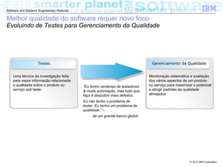 © 2013 IBM Corporation
Software and Systems Engineering | Rational
Melhor qualidade do software requer novo foco
Evoluindo de Testes para Gerenciamento da Qualidade
Uma técnica de investigação feita
para expor informação relacionada
a qualidade sobre o produto ou
serviço sob teste
Gerenciamento da QualidadeTestes
Monitoração sistemática e avaliação
dos vários aspectos de um produto
ou serviço para maximizar o potencial
e atingir padrões de qualidade
almejados
“Eu tenho centenas de testadores
& muita automação, mas tudo que
faço é descobrir mais defeitos.
Eu não tenho o problema de
testar, Eu tenho um problema de
qualidade.” –
de um grande banco global
 