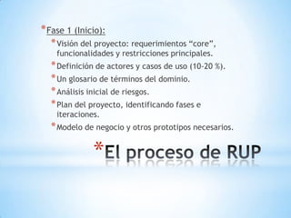 * Fase 1 (Inicio):
  * Visión del proyecto: requerimientos “core”,
    funcionalidades y restricciones principales.
  * Definición de actores y casos de uso (10-20 %).
  * Un glosario de términos del dominio.
  * Análisis inicial de riesgos.
  * Plan del proyecto, identificando fases e
    iteraciones.
  * Modelo de negocio y otros prototipos necesarios.

              *
 