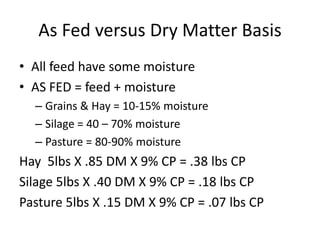 As Fed versus Dry Matter Basis
• All feed have some moisture
• AS FED = feed + moisture
  – Grains & Hay = 10-15% moisture
  – Silage = 40 – 70% moisture
  – Pasture = 80-90% moisture
Hay 5lbs X .85 DM X 9% CP = .38 lbs CP
Silage 5lbs X .40 DM X 9% CP = .18 lbs CP
Pasture 5lbs X .15 DM X 9% CP = .07 lbs CP
 