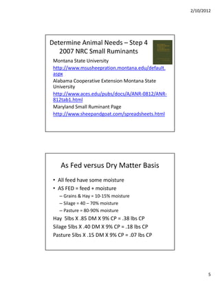 2/10/2012




Determine Animal Needs – Step 4
   2007 NRC Small Ruminants
 Montana State University 
 http://www.msusheepration.montana.edu/default.
 http //www msusheepration montana edu/default
 aspx
 Alabama Cooperative Extension Montana State 
 University 
 http://www.aces.edu/pubs/docs/A/ANR‐0812/ANR‐
 812tab1.html
 812tab1 html
 Maryland Small Ruminant Page
 http://www.sheepandgoat.com/spreadsheets.html




    As Fed versus Dry Matter Basis
 • All feed have some moisture 
 • AS FED = feed + moisture
   – Grains & Hay = 10‐15% moisture 
   – Silage = 40 – 70% moisture
   – Pasture = 80‐90% moisture
 Hay  5lbs X .85 DM X 9% CP = .38 lbs
 Hay 5lbs X 85 DM X 9% CP = 38 lbs CP
 Silage 5lbs X .40 DM X 9% CP = .18 lbs CP
 Pasture 5lbs X .15 DM X 9% CP = .07 lbs CP




                                                         5
 