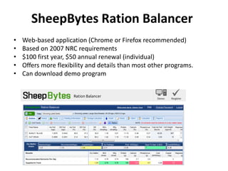 SheepBytes Ration Balancer
•
•
•
•
•

Web-based application (Chrome or Firefox recommended)
Based on 2007 NRC requirements
$100 first year, $50 annual renewal (individual)
Offers more flexibility and details than most other programs.
Can download demo program

 