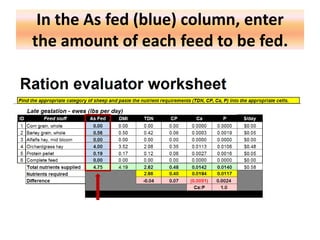 In the As fed (blue) column, enter
the amount of each feed to be fed.

 