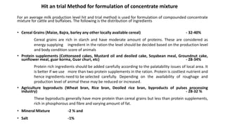 For an average milk production level hit and trial method is used for formulation of compounded concentrate
mixture for cattle and buffaloes. The following is the distribution of ingredients
• Cereal Grains (Maize, Bajra, barley any other locally available cereal) - 32-40%
Cereal grains are rich in starch and have moderate amount of proteins. These are considered as
energy supplying ingredient in the ration the level should be decided based on the production level
and body condition score of animals
• Protein supplements (Cottonseed cakes, Mustard oil and deoiled cake, Soyabean meal, Groundnut cake,
sunflower meal, guar korma, Guar churi, etc) - 28-34%
Protein rich ingredients should be added carefully according to the palatability issues of local area. It
is better if we use more than two protein supplements in the ration. Protein is costliest nutrient and
hence ingredients need to be selected carefully. Depending on the availability of roughage and
production level of animal these may be reduced or increased.
• Agriculture byproducts (Wheat bran, Rice bran, Deoiled rice bran, byproducts of pulses processing
industry) - 28-32 %
These byproducts generally have more protein than cereal grains but less than protein supplements,
rich in phosphorous and fibre and varying amount of fat.
• Mineral Mixture -2 % and
• Salt -1%
Hit an trial Method for formulation of concentrate mixture
 