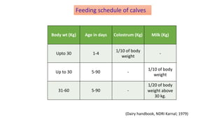 Body wt (Kg) Age in days Colostrum (Kg) Milk (Kg)
Upto 30 1-4
1/10 of body
weight
-
Up to 30 5-90 -
1/10 of body
weight
31-60 5-90 -
1/20 of body
weight above
30 kg.
Feeding schedule of calves
(Dairy handbook, NDRI Karnal; 1979)
 