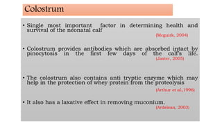 Colostrum
• Single most important factor in determining health and
survival of the neonatal calf
(Mcguirk, 2004)
• Colostrum provides antibodies which are absorbed intact by
pinocytosis in the first few days of the calf’s life.
(Jaster, 2005)
• The colostrum also contains anti tryptic enzyme which may
help in the protection of whey protein from the proteolysis
(Arthur et al.,1996)
• It also has a laxative effect in removing muconium.
(Ardelean, 2003)
 