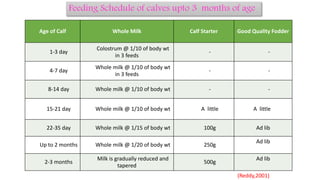 Age of Calf Whole Milk Calf Starter Good Quality Fodder
1-3 day
Colostrum @ 1/10 of body wt
in 3 feeds
- -
4-7 day
Whole milk @ 1/10 of body wt
in 3 feeds
- -
8-14 day Whole milk @ 1/10 of body wt - -
15-21 day Whole milk @ 1/10 of body wt A little A little
22-35 day Whole milk @ 1/15 of body wt 100g Ad lib
Up to 2 months Whole milk @ 1/20 of body wt 250g
Ad lib
2-3 months
Milk is gradually reduced and
tapered
500g
Ad lib
Feeding Schedule of calves upto 3 months of age
(Reddy,2001)
 