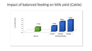 Impact of balanced feeding on Milk yield (Cattle)
6.5
7
7.5
8
8.5
9
9.5
10
1st Week 2nd Week 3rd Week
Base Line Post balanced feeding
7.51 kg 7.82 kg
8.90 kg
9.26 kg
AverageMilkYield(kg)
 
