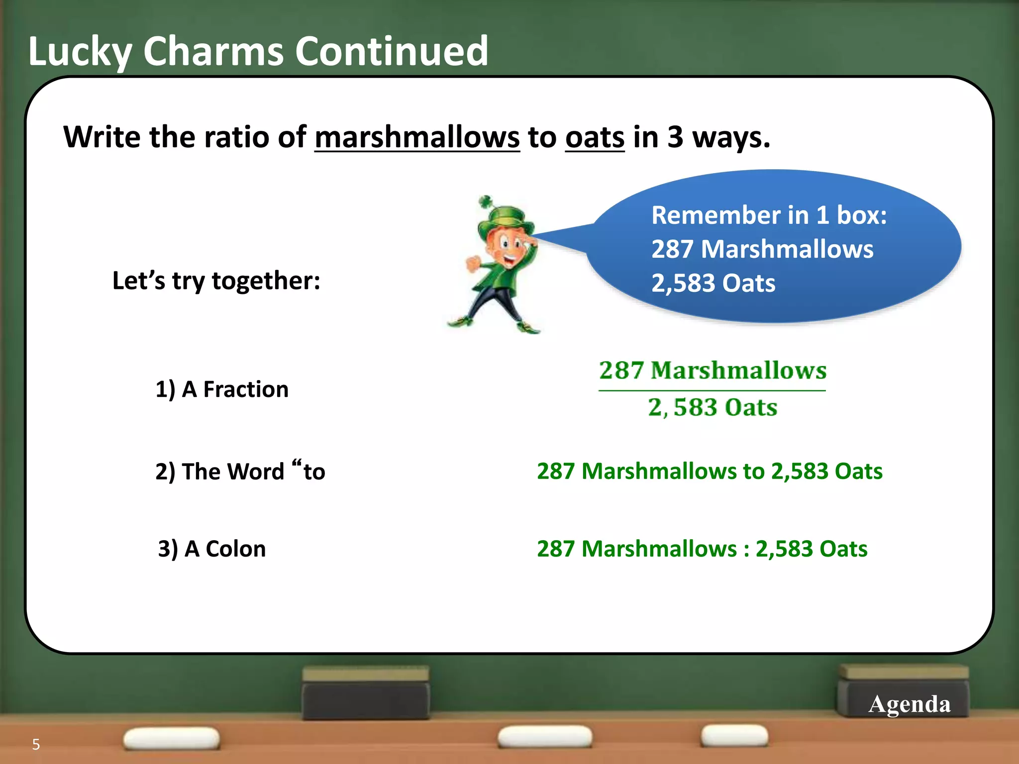 Lucky Charms Continued
5
Agenda
Remember in 1 box:
287 Marshmallows
2,583 Oats
Write the ratio of marshmallows to oats in 3 ways.
Let’s try together:
1) A Fraction
2) The Word “to
3) A Colon
287 Marshmallows to 2,583 Oats
287 Marshmallows : 2,583 Oats
 