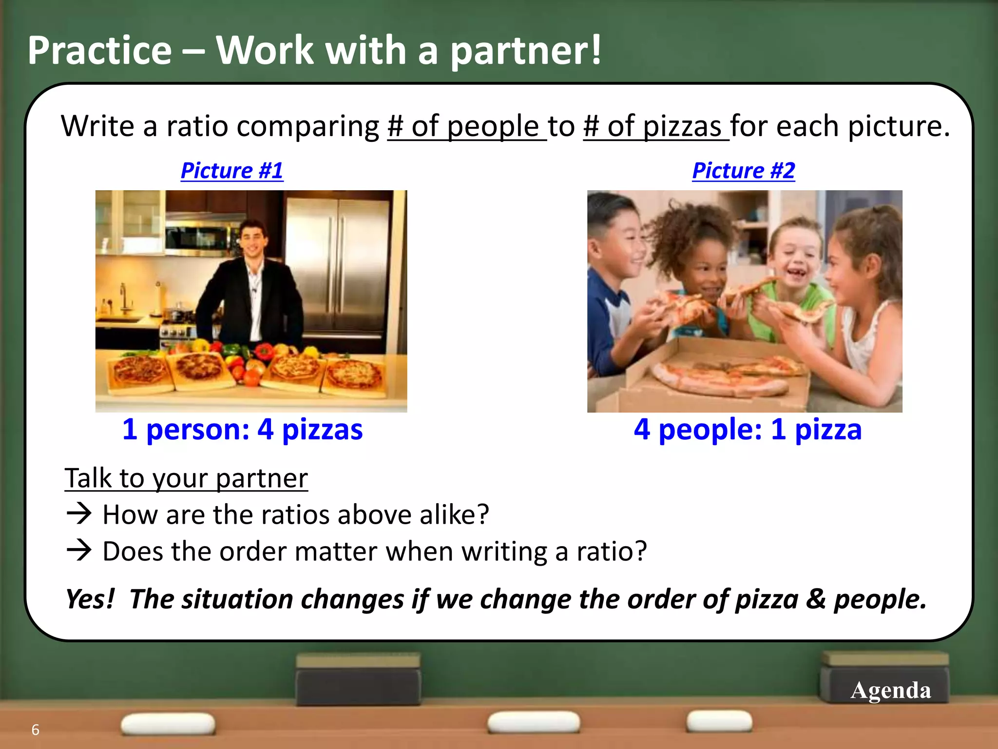 Practice – Work with a partner!
6
Agenda
Talk to your partner
 How are the ratios above alike?
 Does the order matter when writing a ratio?
Write a ratio comparing # of people to # of pizzas for each picture.
Picture #1 Picture #2
1 person: 4 pizzas 4 people: 1 pizza
Yes! The situation changes if we change the order of pizza & people.!
 