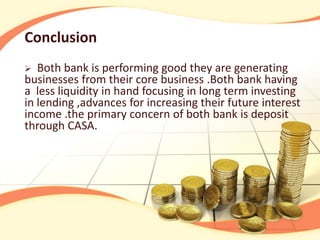 Conclusion
  Both bank is performing good they are generating
businesses from their core business .Both bank having
a less liquidity in hand focusing in long term investing
in lending ,advances for increasing their future interest
income .the primary concern of both bank is deposit
through CASA.
 