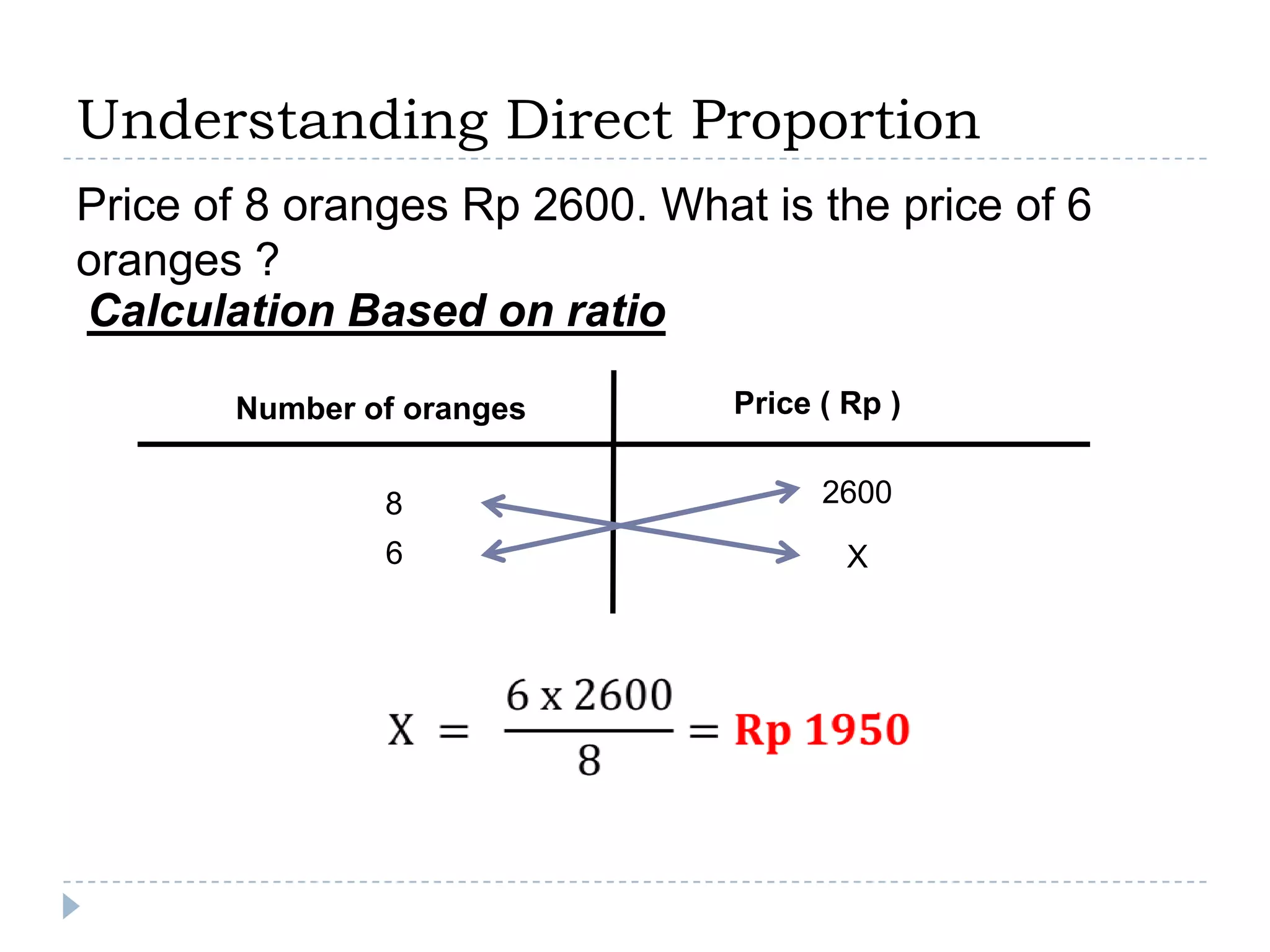 Understanding Direct Proportion
Price of 8 oranges Rp 2600. What is the price of 6
oranges ?
Calculation Based on ratio

       Number of oranges        Price ( Rp )


               8                      2600
               6                        X
 