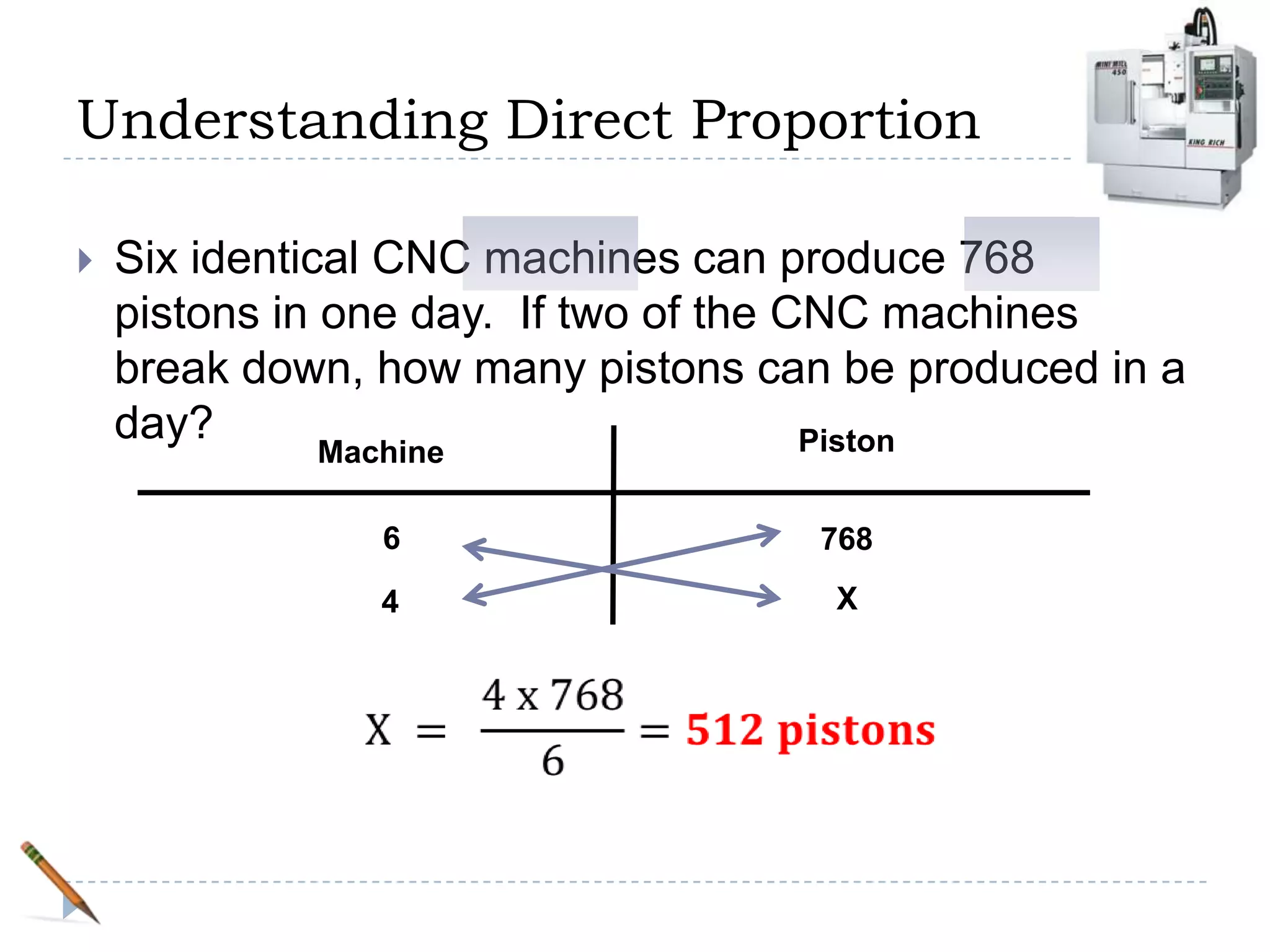Understanding Direct Proportion

   Six identical CNC machines can produce 768
    pistons in one day. If two of the CNC machines
    break down, how many pistons can be produced in a
    day?                               Piston
             Machine

                6                   768
                4                    X
 