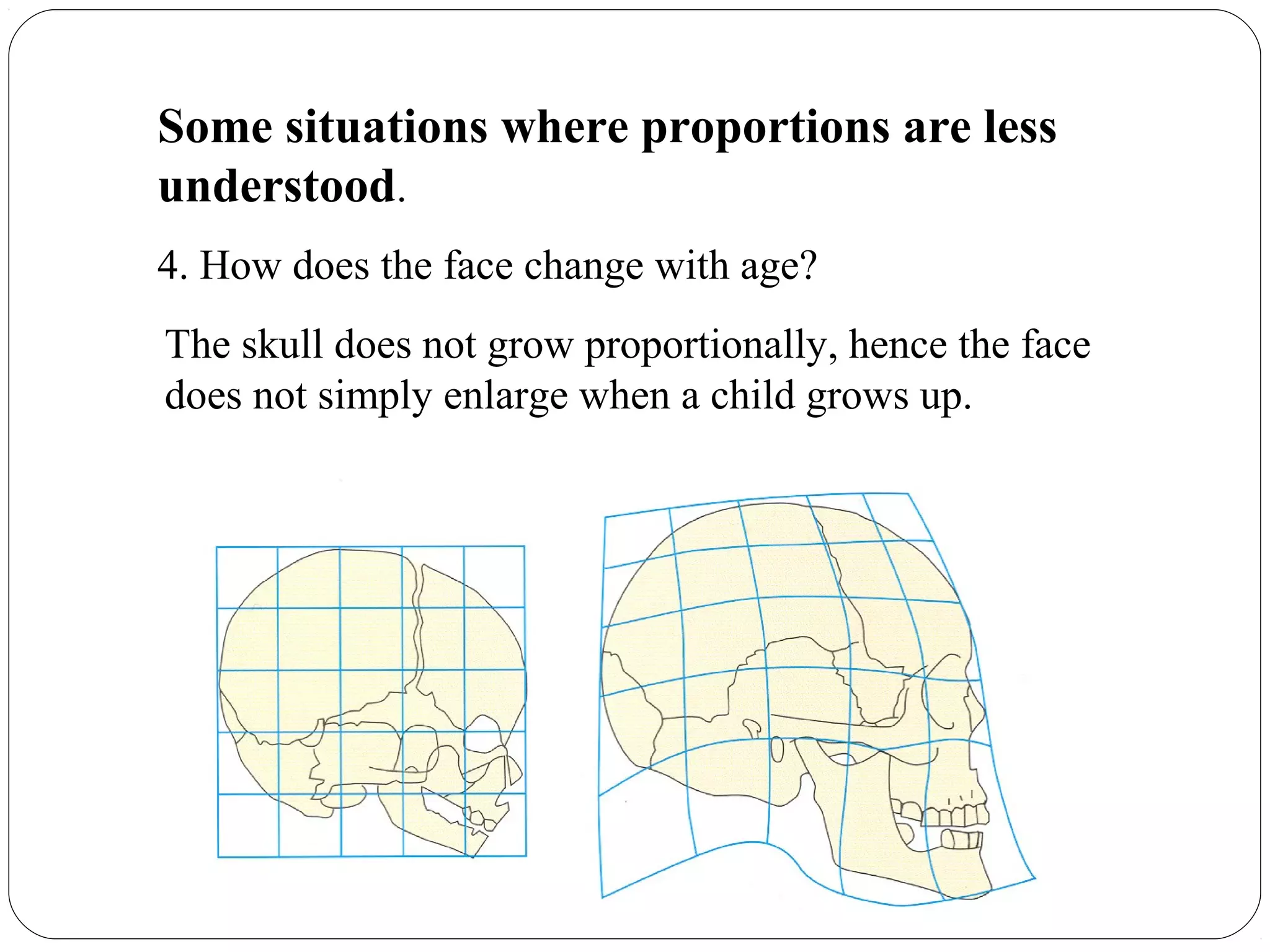 Some situations where proportions are less
understood.
4. How does the face change with age?
The skull does not grow proportionally, hence the face
does not simply enlarge when a child grows up.
 