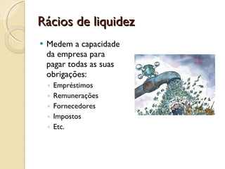 Rácio de Cobertura de JurosCobertura de Juros=Resultado líquido do períodoGastos de FinanciamentoMostra a facilidade com que a empresa pode pagar os juros.Quanto mais próximo de 1 mais difícil a situação da empresa. Não expresso em %INTEREST COVERAGE