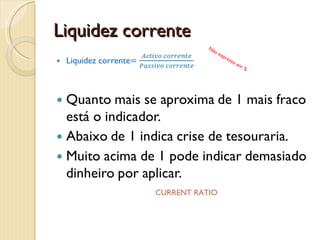Rácios de liquidezMedem a capacidade da empresa para pagar todas as suas obrigações:EmpréstimosRemuneraçõesFornecedoresImpostosEtc.