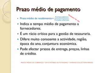 Prazo médio de recebimentoPrazo médio de recebimento=Clientes sem IVAVendas diáriasIndica o tempo médio de conversão de vendas em dinheiro.É um rácio crítico para a gestão de tesouraria.Difere muito consoante a actividade, região, época do ano, conjuntura económica.Pode revelar insatisfação de clientes, atraso na facturação, falta de esforço de cobrança, demasiada agressividade comercial. Resultado= Nr. diasPRAZO MÉDIO DE COBRANÇA * DAYS SALES OUTSTANDING * AVERAGE COLLECTION PERIOD
