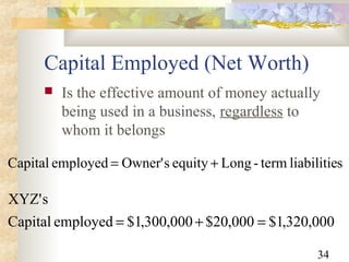 34
Capital Employed (Net Worth)
 Is the effective amount of money actually
being used in a business, regardless to
whom it belongs
sliabilitieterm-LongequitysOwner'employedCapital +=
000,320,1$000,20$000,300,1$employedCapital
sXYZ'
=+=
 