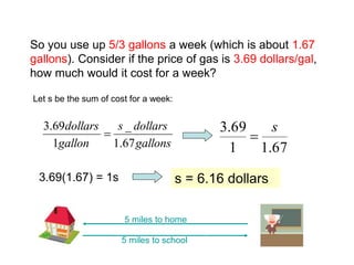 So you use up 5/3 gallons a week (which is about 1.67
gallons). Consider if the price of gas is 3.69 dollars/gal,
how much would it cost for a week?
Let s be the sum of cost for a week:
5 miles to school
5 miles to home
gallons
dollars
s
gallon
dollars
67
.
1
_
1
69
.
3

67
.
1
1
69
.
3 s

3.69(1.67) = 1s s = 6.16 dollars
 
