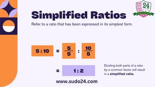 Refer to a ratio that has been expressed in its simplest form.
Simplified Ratios
Dividing both parts of a ratio
by a common factor will result
in a simplified ratio.
5 : 10
1 : 2
5
5
5
10
=
= :
www.sudo24.com
 