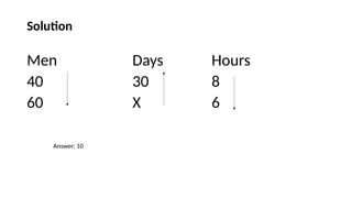 Solution
Men Days Hours
40 30 8
60 X 6
Answer: 10
 
