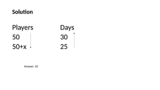 Solution
Players Days
50 30
50+x 25
Answer: 10
 