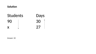Solution
Students Days
90 30
x 27
Answer: 10
 