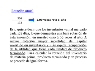 Rotación anual
Esto quiere decir que los inventarios van al mercado
cada 172 días, lo que demuestra una baja rotación de
esta inversión, en nuestro caso 2.09 veces al año. A
mayor rotación mayor movilidad del capital
invertido en inventarios y más rápida recuperación
de la utilidad que tiene cada unidad de producto
terminado. Para calcular la rotación del inventario
de materia prima, producto terminado y en proceso
se procede de igual forma.
360
172
2.09 veces rota al año
 