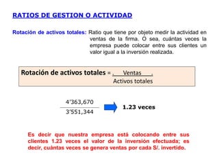 4’363,670
3’551,344
1.23 veces
RATIOS DE GESTION O ACTIVIDAD
Rotación de activos totales: Ratio que tiene por objeto medir la actividad en
ventas de la firma. O sea, cuántas veces la
empresa puede colocar entre sus clientes un
valor igual a la inversión realizada.
Es decir que nuestra empresa está colocando entre sus
clientes 1.23 veces el valor de la inversión efectuada; es
decir, cuántas veces se genera ventas por cada S/. invertido.
Rotación de activos totales = . Ventas___.
Activos totales
 