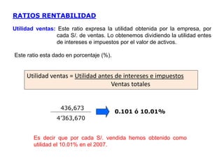 436,673
4’363,670
0.101 ó 10.01%
Utilidad ventas: Este ratio expresa la utilidad obtenida por la empresa, por
cada S/. de ventas. Lo obtenemos dividiendo la utilidad entes
de intereses e impuestos por el valor de activos.
Es decir que por cada S/. vendida hemos obtenido como
utilidad el 10.01% en el 2007.
Utilidad ventas = Utilidad antes de intereses e impuestos
Ventas totales
RATIOS RENTABILIDAD
Este ratio esta dado en porcentaje (%).
 