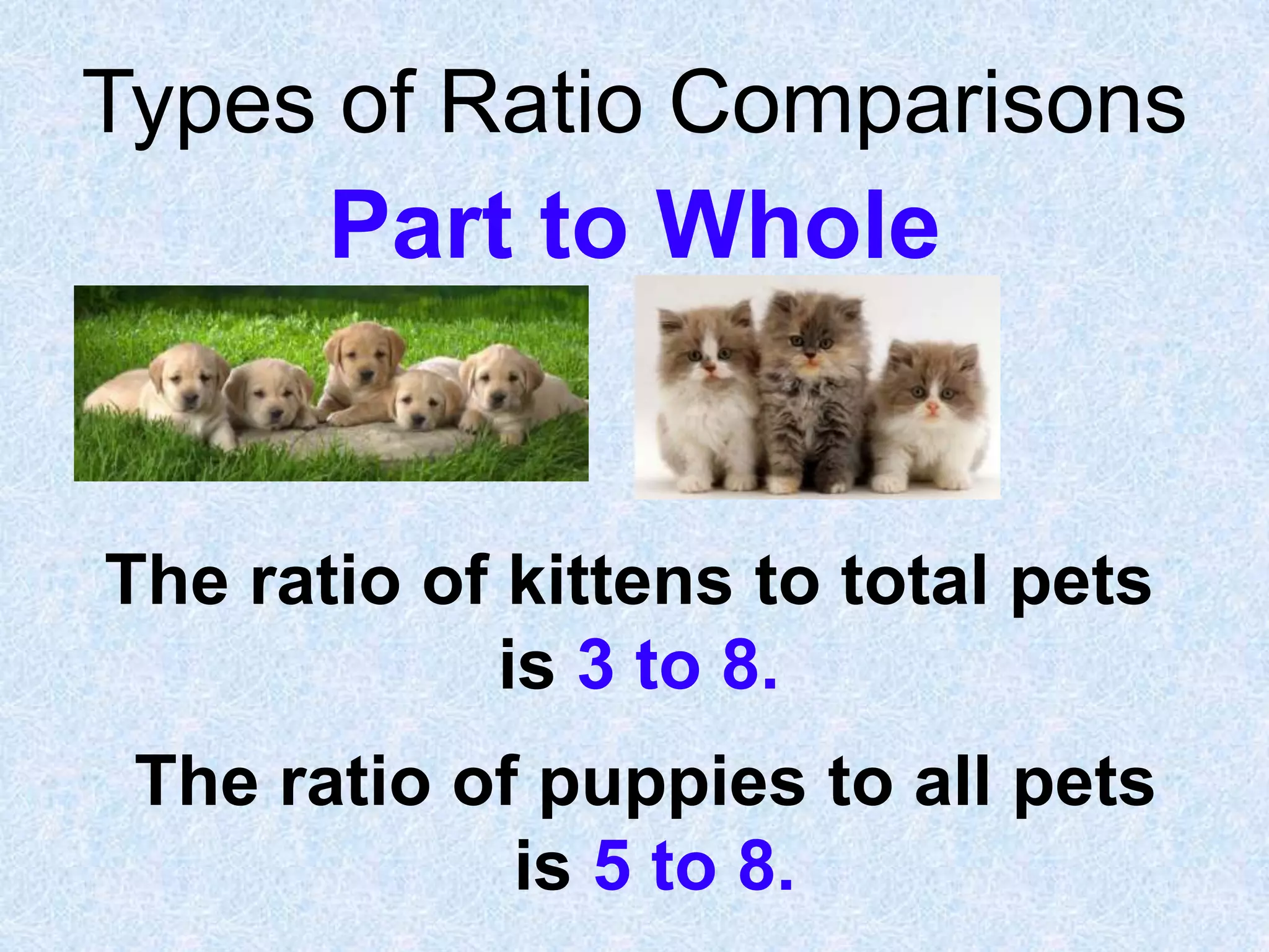 Types of Ratio Comparisons

Part to Whole

The ratio of kittens to total pets
is 3 to 8.

The ratio of puppies to all pets
is 5 to 8.

 